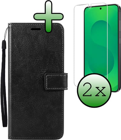 Hoesje Met 2x Screenprotector - Geschikt voor Samsung Galaxy S25 Edge - Luxe Pasjeshouder - Bookcase Portemonee - Flip Case - Kunstleer Book Case - Flipcase Hoes - Book Cover - Walletcase - Portemonneehoes - Zwart