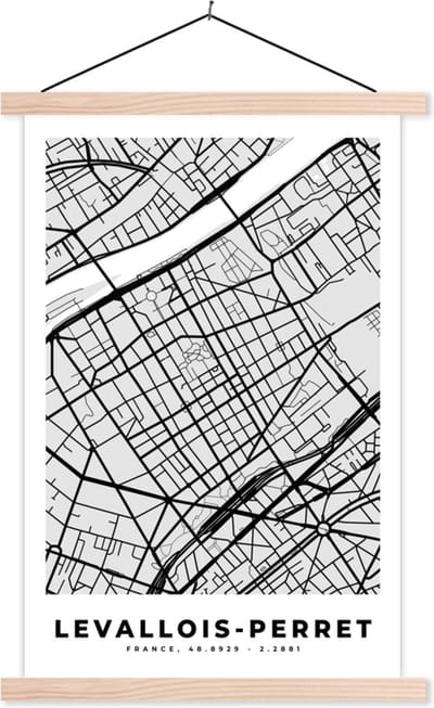 Posterhanger incl. Poster 40x60 cm - Schoolplaat - Stadskaart - Frankrijk - Kaart - Levallois-Perret - Plattegrond - Textielposter - Blanke latten - Stadskaart