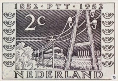 Briefkaart met afbeelding Telegraafpalen in landschap met trein van omstreeks 1852 postzegel