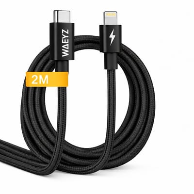 WAEYZ USB-C kabel naar Lightning poort Snoer 2 Meter Zwart – Snellaadkabel – Extra Stevig Gevlochten – Geschikt voor iPhone & iPad met Lightning aansluiting