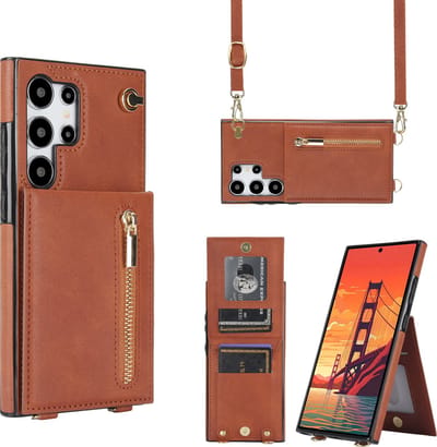 Multimedia & Accessoires Stijlvolle Leren Fashion Backcover Case Hoesje met Koord, Stand Ritsvak en Pasjeshouders geschikt voor Samsung Galaxy S24 Ultra - Bruin