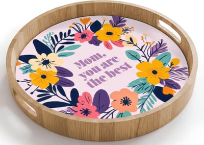 Dienblad rond 40x40 cm - Schootdienblad hout - Bloemenkrans - Kleurrijk - Moeder - Borrelplank rechthoek - Plateau houten dienbladen
