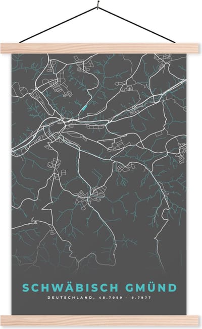 Posterhanger incl. Poster 60x90 cm - Schoolplaat - Schwäbisch Gmünd – Stadskaart – Blauw – Plattegrond – Stadskaart – Kaart - Duitsland - Textielposter - Blanke latten - Stadskaart