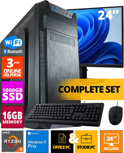 Budget Office PC SET - Ryzen 5 - 1TB NVMe SSD - 16GB RAM - Radeon Vega 7 ( 24 Inch Monitor | Muis | Toetsenbord ) + WiFi & Bluetooth