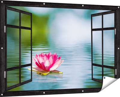 Gards Tuinposter Doorkijk Roze Lotusbloem op het Water - 150x100 cm - Tuindoek - Tuindecoratie - Wanddecoratie buiten - Tuinschilderij