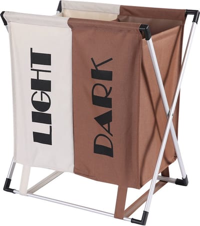 Wassorteerder - 60 L - Wasmand 2 Vakken - Opvouwbare Wasmanden - Wassorteerder 2 vaks - Aluminium Frame - Bruin - Wit