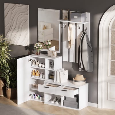Garderoberek voor gang 120x35x175,5cm - halmeubel - met schoenenkast - spiegel en kapstokhaken - met 2 lades - wit