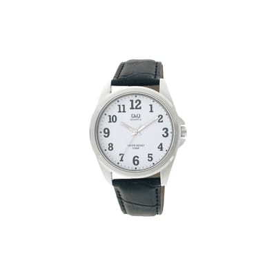 Q&Q Q416J304Y - Horloge - Heren - Mannen - Leren band - Rond - Metaal - Waterdicht 5ATM - Zwart - Zilverkleurig - WIt