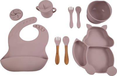 Honeybears – Siliconen kinderservies set 9 delig – Kinderbord zuignap – Kraamcadeau – Siliconen eetset – Baby drinkbeker - BPA vrij – Lichtrose
