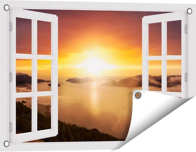 Gards Tuinposter Doorkijk Zonsondergang in de Bergen met Wolken - 60x40 cm - Tuindoek - Tuindecoratie - Wanddecoratie buiten - Tuinschilderij