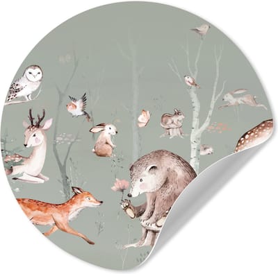 Muurstickers kinderkamer - Bosdieren - Waterverf - Groen - Jongens - Muurstickers jongenskamer - Wandcirkel - Ronde wanddecoratie - 140x140 cm - Wandsticker - Wallpaper sticker - Sticker behang