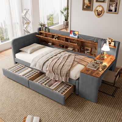 Sweiko Slaapbank - 90 x 200 cm - 2 lades - met Bureau - USB + Type-C - Opbergruimte - Linnen - Grijs