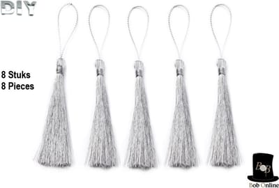 Bob Online ™ - 8 Stuks – Zilver Tassels (Kwastjes) 8,5 cm x 0.5 cm – Handgemaakte Zachte Ambachtelijke Kwastjes / Tassels Chinese Stijl – Decoratieve DIY Tassels – Sieraden Maken enz. – Silver DIY Tassels – Tassels – Zilver Kwasten – Hobby Kwastjes