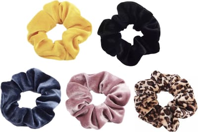 Kraagjeskopen.nl - Scrunchie 5 stuks Velvet - haarelastiek - geel - zwart - blauwgrijs - oudroze - panterprint bruintinten