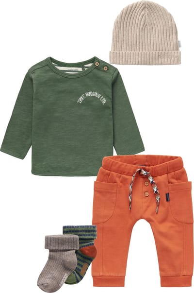 Noppies - Kledingset - 5delig - Broek Jordrup Bombay Brown - Longsleeve Juno Thyme  - Beanie Joliet Sand Melange - Sokken Jerzu Burly wood - Maat 80