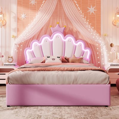 Pugsdrly Kinderbed 140x200 cm met 2 Opbergladen Afstandsbedienbare Sfeerverlichting Prinsessenbed in Kroonvorm Verstelbaar Hoofdeinde PU