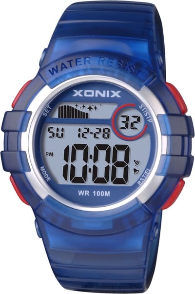 Xonix KA-B05 - Horloge - Digitaal - Heren - Mannen - Rond - Siliconen band - ABS - Cijfers - Schermverlichting - Alarm - Start-Stop - Tweede tijdzone - 12h/24H - Waterdicht - DonkerBlaux - Transparant - Zilverkleurig - Rood
