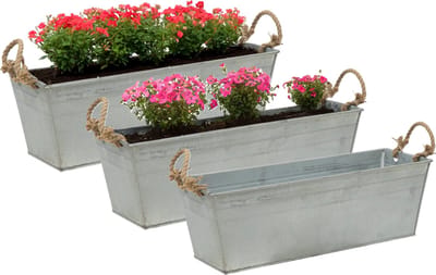 Mega Collections plantenbak/bloembak Farmer - 3x - balkon/terras - zink - zilver - L37 x D13 X H10 cm