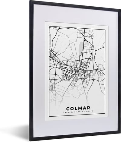 Fotolijst incl. Poster Zwart Wit- Colmar - Stadskaart - Frankrijk - Kaart - Plattegrond - Zwart wit - 30x40 cm - Posterlijst
