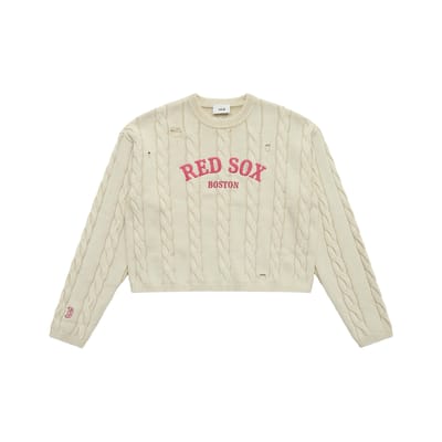 MLB Boston Red Sox 25FW Tendance Mode Décontracté Confortable Doux pour la Peau Polyvalent Vintage Usé Tricot torsadé Pull Court 3FKPV0354-43SAL S beige