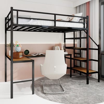 BLACKCOLORS Stapelbed met L-vormig bureau, veel opbergruimte en vakken, stabiel bedframe met trap, doorlopende veiligheidsrail, ruimtebesparend, geruisloos, geen veren nodig
