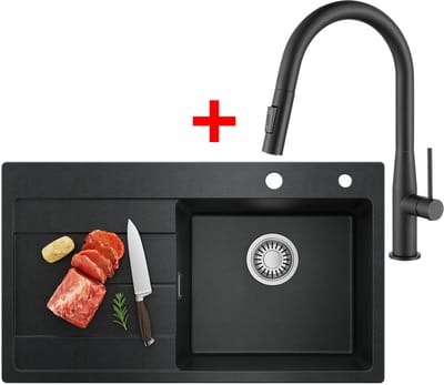 CECIPA MAX Granieten Spoelbak 78x45CM Zwart - Spoelbakken Keuken Met Keukenkraan met Uittrekbare Uitloop - Spoelbak Met Planchet en Afdruiprek - Spoelbakken Incl. Sifon en Afvoerzeefje