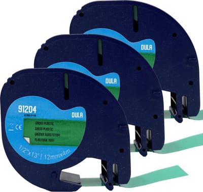 DULA - Dymo LetraTag 91204 - S0721640 - Label Tape - Zwart op Groen plastic - 12mm x 4m - 3 Stuks