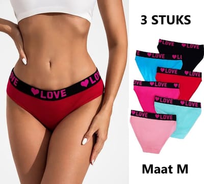 3 Pack Kleurrijke Dames Love Slipjes I Dames Ondergoed I Ondergoed Vrouwen I Ademend, Zacht & Comfortabel I Katoen I Maat M