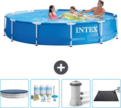 Intex Rond Frame Zwembad - 366 x 76 cm - Blauw - Inclusief Afdekzeil - Onderhoudspakket - Zwembadfilterpomp - Solar Mat