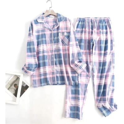 Katoen Flanel Lange Broek Pyjama voor Dames Nachtkleding Ruit Nachtkleding Vrouwelijk Lange Mouw Broek Pijama Pakken Pjs met Zakken M white