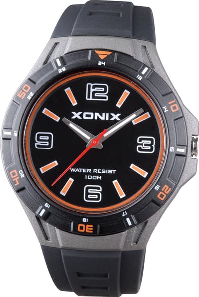 Xonix CAO-006 - Horloge - Analoog - Rond - Unisex - Siliconen band - ABS - Cijfers - Zwart - Grijs - Oranje - Waterdicht - 10 ATM