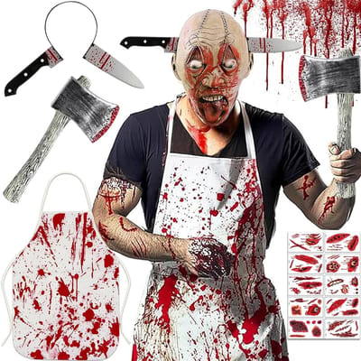 Creepy Slaughter Kostuum voor Halloween met Accessoires zoals Schort, Haarjuwelen en Bijl voor Dodenfeest en Carnavalsviering