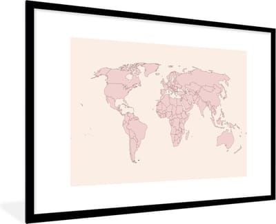 Poster in lijst - Fotolijst 90x60 cm - Posters - Wereldkaart - Simpel - Roze - Posterlijst zwart - Decoratie - Wanddecoratie woonkamer - Muurdecoratie slaapkamer