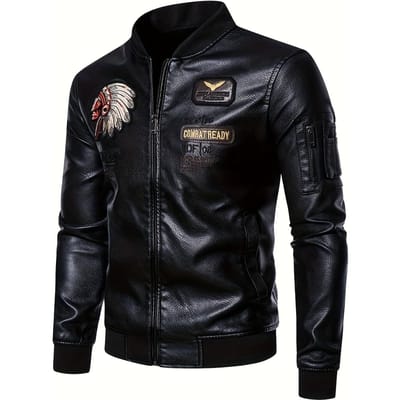 Veste élégante en cuir PU avec broderie portrait tribal pour homme - Multi-poches Style urbain Rétro Classique Veste bomber - Pour homme - Fabriquée en cuir PU XXXXL noir