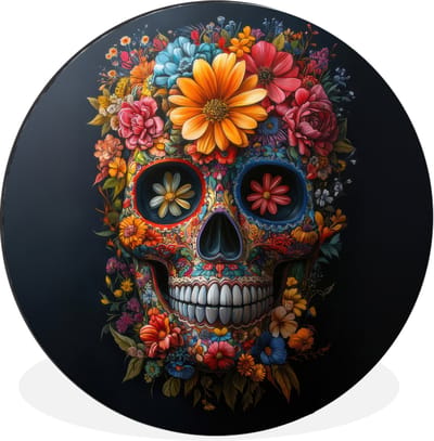 WallCircle - Wandcirkel - Muurcirkel - Bloemen - Kleurrijk - Schedel - Aluminium - Dibond - 30x30 cm - Binnen en Buiten
