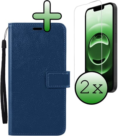 Hoesje Met 2x Screenprotector - Geschikt voor Apple iPhone 16e - Luxe Pasjeshouder - Bookcase Portemonee - Flip Case - Kunstleer Book Case - Flipcase Hoes - Book Cover - Walletcase - Portemonneehoes - Donkerblauw