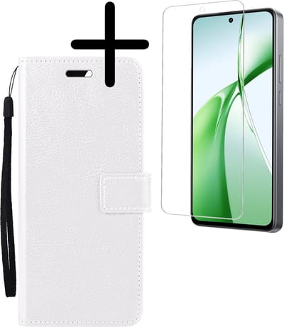 Hoesje Met Screenprotector - Geschikt voor OnePlus Nord CE4 - Luxe Pasjeshouder - Bookcase Portemonee - Flip Case - Kunstleer Book Case - Flipcase - Book Cover - Walletcase - Portemonneehoes - Wit