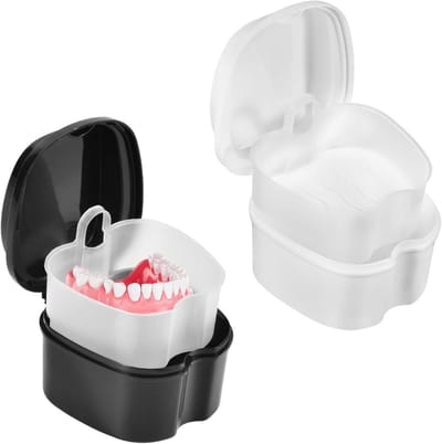 2 Pack Kleuren Kunstgebit Bad Case Cup Box Houder Opslag Soak Container met Zeef Mand voor Reizen Reiniging (Wit en Zwart)