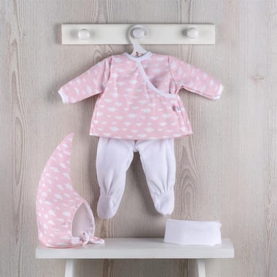 Asi poppenkleding winteroutfit roze Scandinavia met wolkjes - poppenmode.