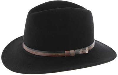 Herman chapeau grand bord droit en feutre noir avec ceinture faux cuir bicolore