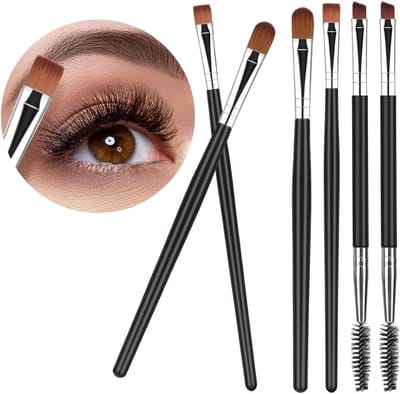 Set van 6 Professionele Oogschaduw- en Eyelinerborstels voor Perfecte Wenkbrauwen en Oogmake-up, Inclusief Dubbelzijdige Borstel en Wimperkam
