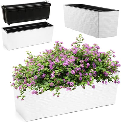 KADAX Bloembak van kunststof, 18,5 x 56 cm, plantenbak met inzetstuk, weerbestendige balkonbak, rechthoekige bloembak, bloempot voor buiten, gekerfd patroon, wit