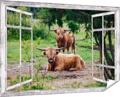 Gards Tuinposter Doorkijk Twee Schotse Hooglanders in de Bossen - 180x120 cm - Tuindoek - Tuindecoratie - Wanddecoratie buiten - Tuinschilderij