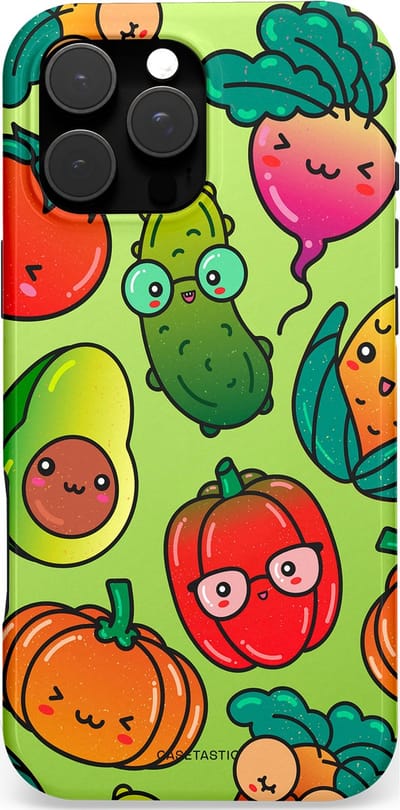 Casetastic hoesje geschikt voor Apple iPhone 16 Pro Max - MagSafe - Dubbellaagse bescherming - Cartoon Groente Mix - Fashion Case - Olijfgroen Goud Oranje Rood