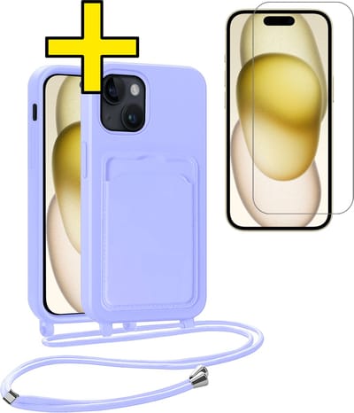 Hoesje Geschikt voor iPhone 14 Pro Max Telefoonhoesje Met Koord Case Pashouder Met Screenprotector Siliconen - Hoes Geschikt voor iPhone 14 Pro Max Hoesje Met Kaarthouder - Lila