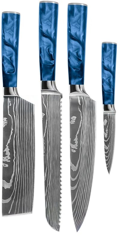 Shinrai Knives - Damascus Print Epoxy Sapphire 4-delige Messenset - Koksmes + Broodmes + Nakiri + Schilmes