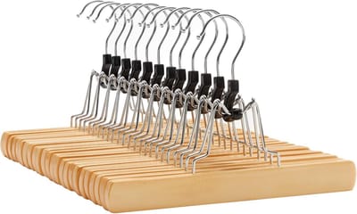 Famanu – Broekspanner - 12 stuks - kledinghanger van hout - antislip - verchroomde haken - 360 graden draaibaar - naturel