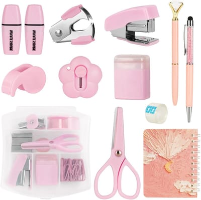 Complete Kantoorbenodigdheden Set met Nietmachines, Scharen, Dispenser, Notitieboek en Pennen - Roze Kleur voor Thuiswerk en Creatieve Projecten