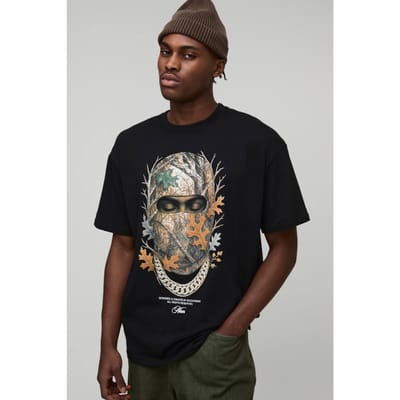 Zwarte oversized T-shirt met verlengde hals en ski mask-print | Black | Size XS