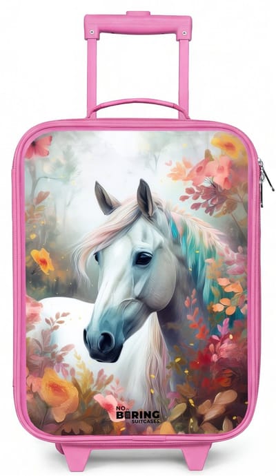 NoBoringSuitcases.com® - Kinderkoffer roze - Kindertrolley meisje - Wit paard omringd door bloemen - Koffer kind lichtgewicht - Reiskoffer trolley voor kinderen - Koffertje met lichtgevende wieltjes - Rolkoffer